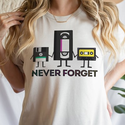 Never Forget VHS Floppy Disk Tape Deck 1980s 80s Retro Nostalgia Millenial Throwback Soft Cozy Longer Length Unisex Graphic Tee T-shirt