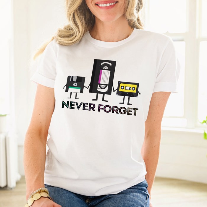 Never Forget VHS Floppy Disk Tape Deck 1980s 80s Retro Nostalgia Millenial Throwback Soft Cozy Longer Length Unisex Graphic Tee T-shirt