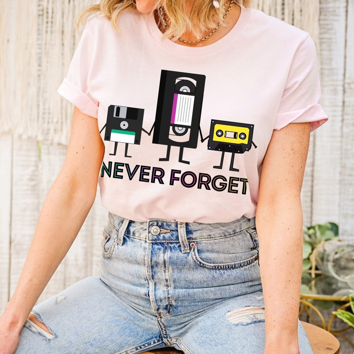 Never Forget VHS Floppy Disk Tape Deck 1980s 80s Retro Nostalgia Millenial Throwback Soft Cozy Longer Length Unisex Graphic Tee T-shirt