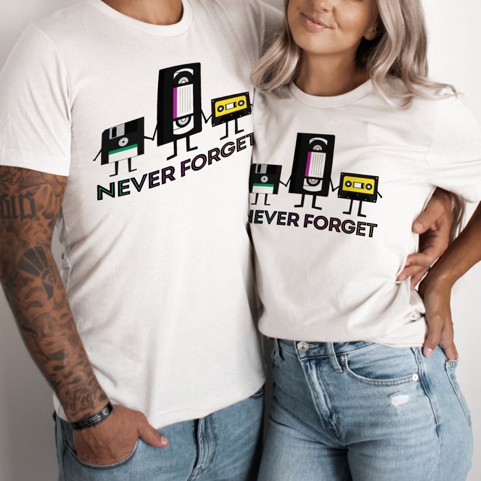 Never Forget VHS Floppy Disk Tape Deck 1980s 80s Retro Nostalgia Millenial Throwback Soft Cozy Longer Length Unisex Graphic Tee T-shirt