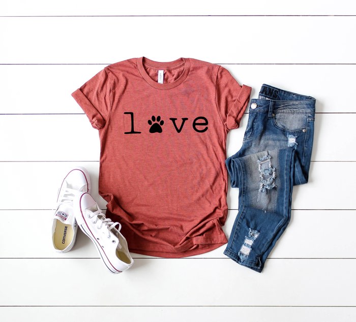 Dog Paw Print Love Word | UNISEX Relaxed Jersey T-Shirt for Women Soft Cozy Longer Length Unisex Graphic Tee T-shirt