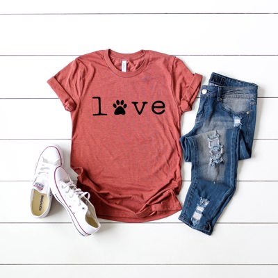 Dog Paw Print Love Word | UNISEX Relaxed Jersey T-Shirt for Women Soft Cozy Longer Length Unisex Graphic Tee T-shirt