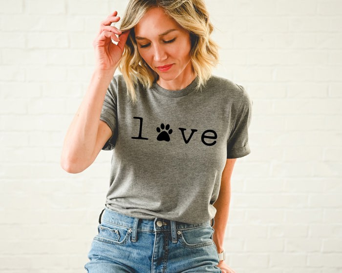 Dog Paw Print Love Word | UNISEX Relaxed Jersey T-Shirt for Women Soft Cozy Longer Length Unisex Graphic Tee T-shirt