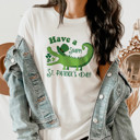  Have a Snappy St. Patrick's Day Snapping Green Alligator Clover Shamrocks Lucy Hat Soft Cozy Longer Length Unisex Graphic Tee T-shirt