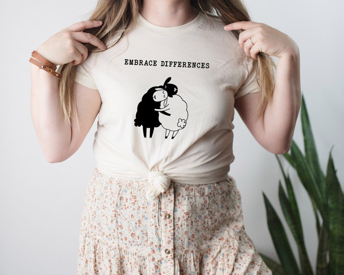 Embrace Difference White and Black Sheep Hugging  Ultra Soft Graphic Tee Unisex Soft Tee T-shirt for Women Soft Cozy Longer Length Unisex Graphic Tee T-shirt