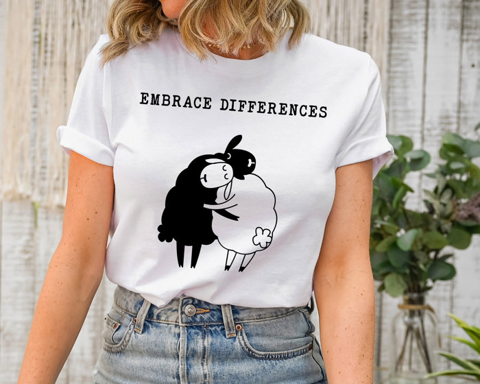 Embrace Difference White and Black Sheep Hugging  Ultra Soft Graphic Tee Unisex Soft Tee T-shirt for Women Soft Cozy Longer Length Unisex Graphic Tee T-shirt