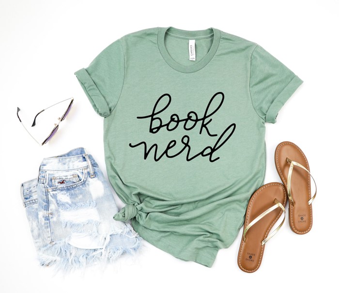 Book Nerd cursive handwriting Soft Cozy Longer Length Unisex Graphic Tee T-shirt