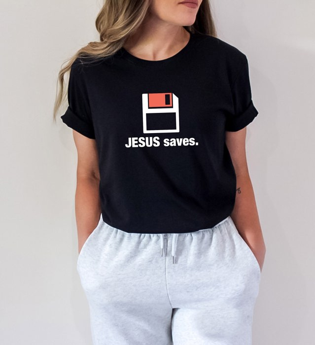 Saved in Style: Jesus Saves Floppy Disk Play on Words Soft Cozy Longer Length Unisex Graphic Tee T-shirt