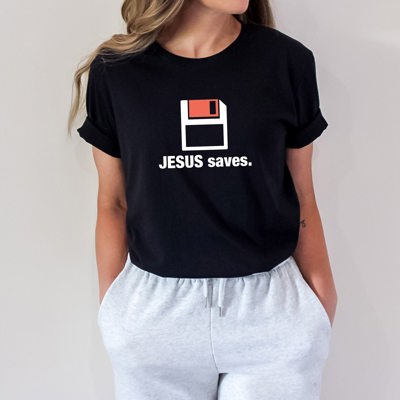 Saved in Style: Jesus Saves Floppy Disk Play on Words Soft Cozy Longer Length Unisex Graphic Tee T-shirt