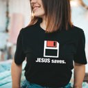  Saved in Style: Jesus Saves Floppy Disk Play on Words Soft Cozy Longer Length Unisex Graphic Tee T-shirt