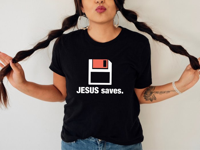 Saved in Style: Jesus Saves Floppy Disk Play on Words Soft Cozy Longer Length Unisex Graphic Tee T-shirt