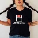  Saved in Style: Jesus Saves Floppy Disk Play on Words Soft Cozy Longer Length Unisex Graphic Tee T-shirt