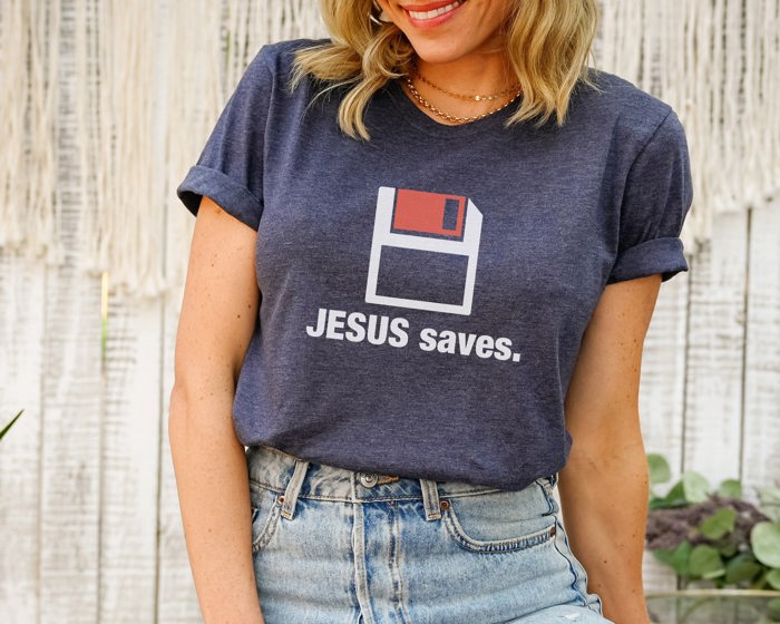 Saved in Style: Jesus Saves Floppy Disk Play on Words Soft Cozy Longer Length Unisex Graphic Tee T-shirt