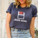  Saved in Style: Jesus Saves Floppy Disk Play on Words Soft Cozy Longer Length Unisex Graphic Tee T-shirt