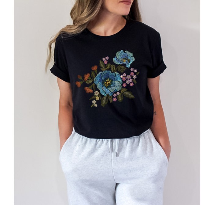 Vintage Faux Embroidery Blue Floral Flowers Bouquet Retro Vintage Boho style Ultra Soft Graphic Tee Unisex Soft Tee T-shirt for Women or Men