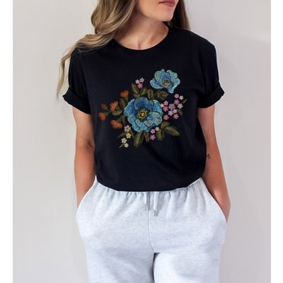 Vintage Faux Embroidery Blue Floral Flowers Bouquet Retro Vintage Boho style Ultra Soft Graphic Tee Unisex Soft Tee T-shirt for Women or Men