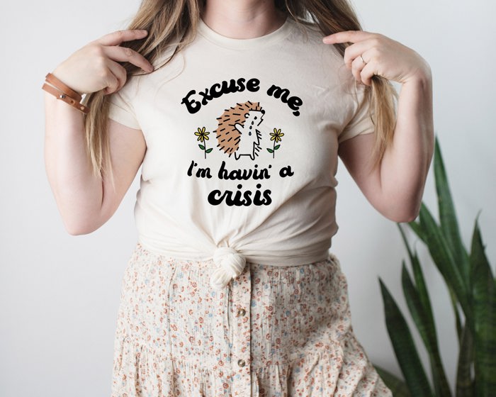 Excuse Me, I'm Having a Crisis Hedgehog | Could Be Worse Funny Graphic Tees | Soft UNISEX Relaxed Jersey T-Shirt for Women