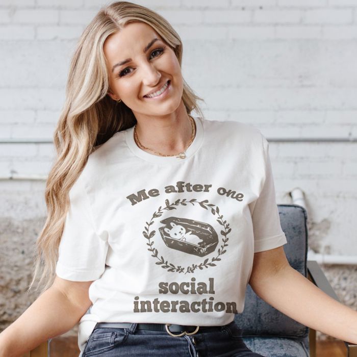 Me after one social interaction Bunny in Coffin Design - T-Shirt (Crewneck)  100 Cotton Solid Colors Jersey Tee (Unisex)  Bella Canvas, T-Shirt (Crewneck)  