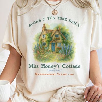 Books And Tea Time Daily Miss Honeys Cottage - Matilda - Perfect Boyfriend Boxy Fit Cotton Heavyweight Tee (Unisex)  Comfort Colors