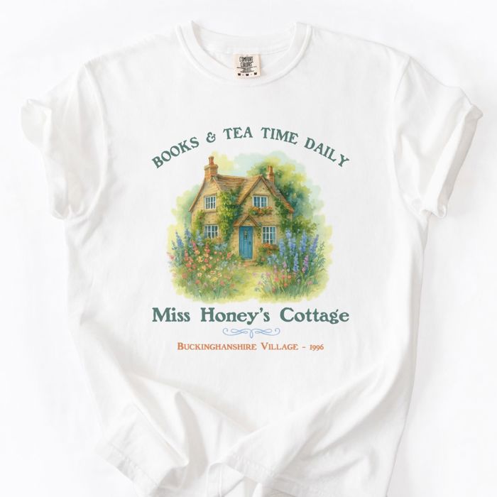 Books And Tea Time Daily Miss Honeys Cottage - Matilda - Perfect Boyfriend Boxy Fit Cotton Heavyweight Tee (Unisex)  Comfort Colors