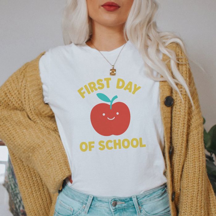 First Day Of School Cute Apple Tee - Super Cozy Comfy Teacher Tee Bella Canvas Longer Length Fit