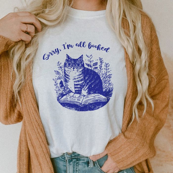 Sorry, Im all booked - Cat with Glasses on a Book - Soft Cotton Solid Colors Jersey Tee (Unisex)  Bella Canvas