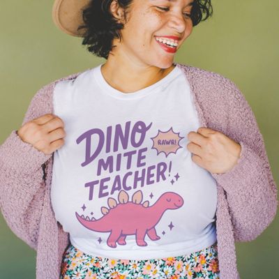 Dino-Myte Teacher Cute Pink Stegosaurus Dinosaur -Soft Comfy Cotton Solid Colors Jersey Tee (Unisex)  Bella Canvas