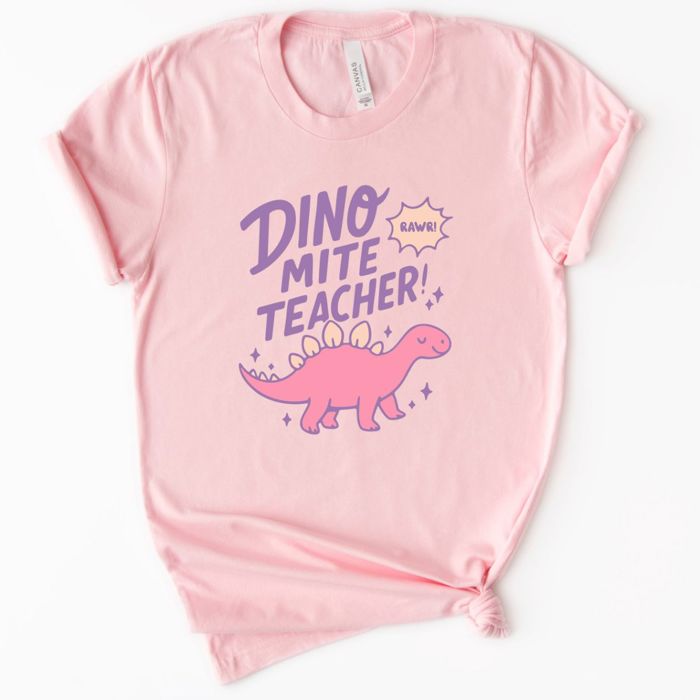 Dino-Myte Teacher Cute Pink Stegosaurus Dinosaur -Soft Comfy Cotton Solid Colors Jersey Tee (Unisex)  Bella Canvas