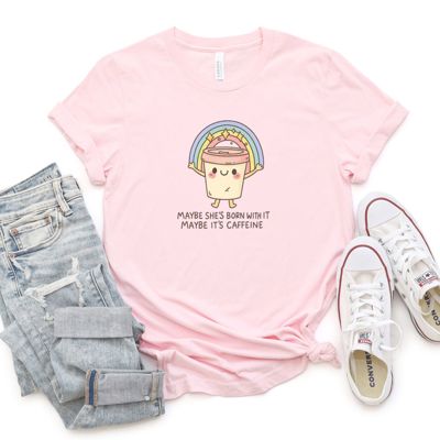 Maybe She's Born With It, Maybe It's The Caffeine Kawaii Style - T-Shirt (Crewneck)  100 Cotton Solid Colors Jersey Tee (Unisex)  Bella Canvas, T-Shirt (Crewn