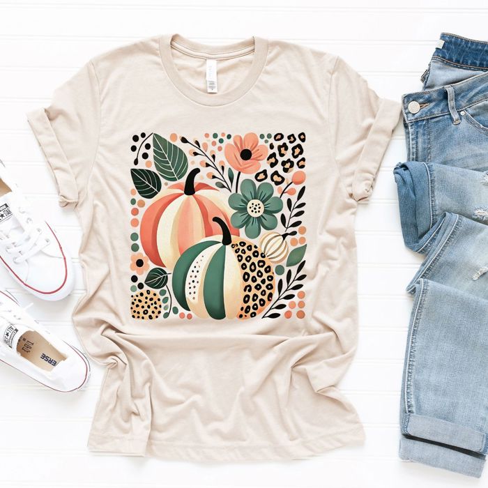 Floral Cheetah Print Folk Art Style Pumpkins - T-Shirt (Crewneck)  100 Cotton Solid Colors Jersey Tee (Unisex)  Bella Canvas, T-Shirt (Crewneck)  Poly-Cotto