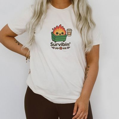 Survibin Dumpster Fire with A Latte - Coffe Lovers - T-Shirt (Crewneck)  100 Cotton Solid Colors Jersey Tee (Unisex)  Bella Canvas, T-Shirt (Crewneck)  Poly