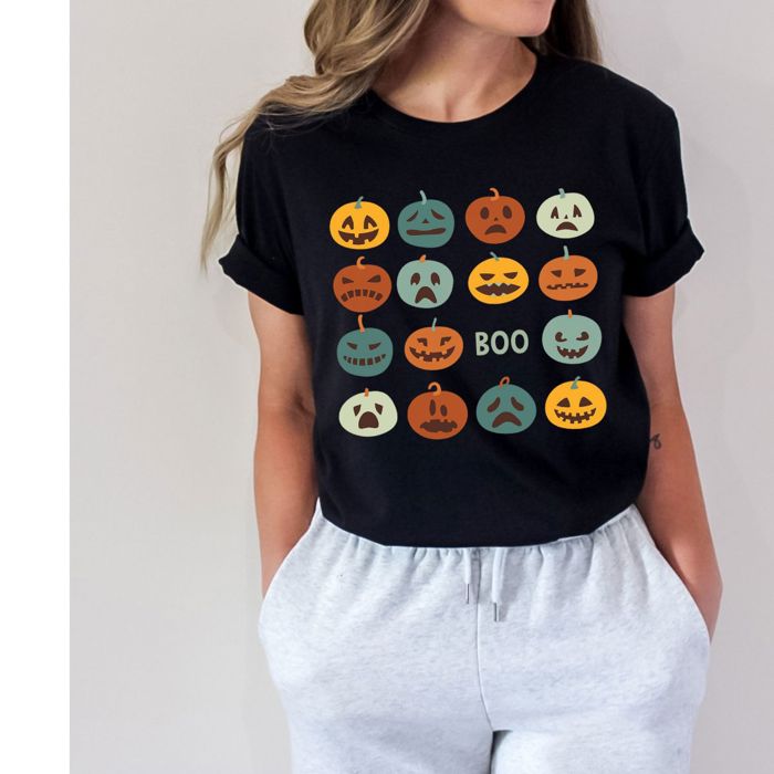 Cute and Funny Pumpkin Jack-O-Lantern Faces Halloween BOO - T-Shirt (Crewneck)  100 Cotton Solid Colors Jersey Tee (Unisex)  Bella Canvas, T-Shirt (Crewneck