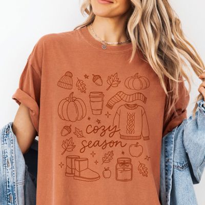 Cozy Season Autumn Fall Halloween Elements Line Art Style - T-Shirt (Crewneck)  100 Cotton Heavyweight Tee (Unisex)  Comfort Colors