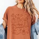  Cozy Season Autumn Fall Halloween Elements Line Art Style - T-Shirt (Crewneck)  100 Cotton Heavyweight Tee (Unisex)  Comfort Colors
