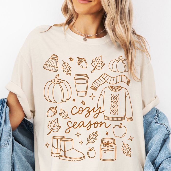 Cozy Season Autumn Fall Halloween Elements Line Art Style - T-Shirt (Crewneck)  100 Cotton Heavyweight Tee (Unisex)  Comfort Colors