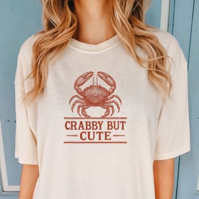 Crabby But Cute Crab Ocean Beachy New England Style Nautical Design - Ultra Comfy Oversized Cotton Heavyweight Tee (Unisex)  Comfort Colors