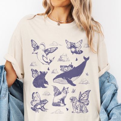 Winged Animals In The Sky Collage All Over Print - T-Shirt (Crewneck)  100 Cotton Heavyweight Tee (Unisex)  Comfort Colors