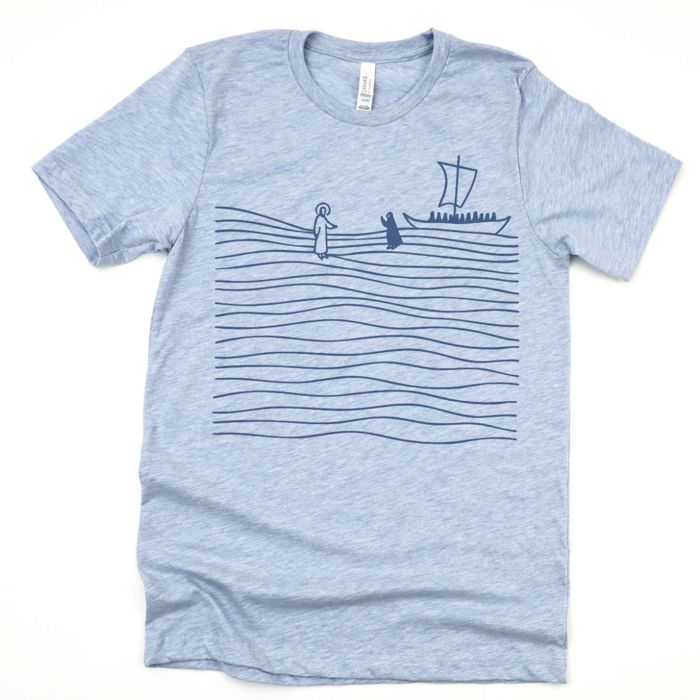 Jesus And Peter Walking On Water Sea Of Galilee Christian Bible Inspired - T-Shirt (Crewneck)  100 Cotton Solid Colors Jersey Tee (Unisex)  Bella Canvas, T-