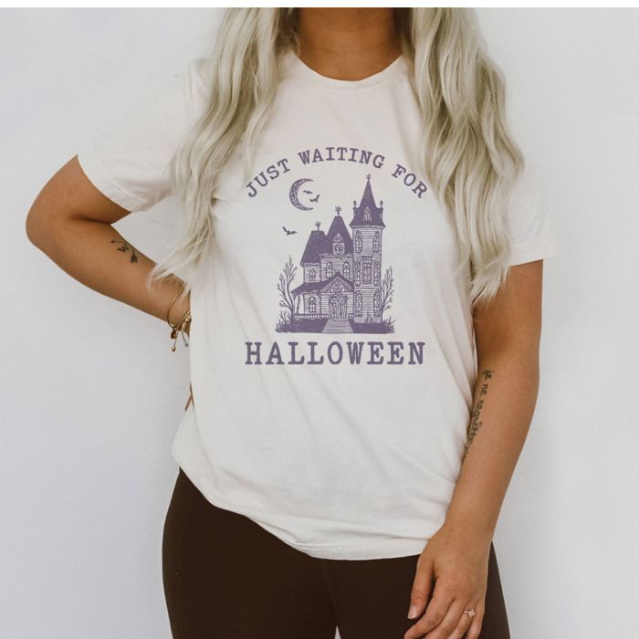 Just Waiting For Halloween Spooky Haunted House Mansion - T-Shirt (Crewneck)  100 Cotton Solid Colors Jersey Tee (Unisex)  Bella Canvas, T-Shirt (Crewneck) 