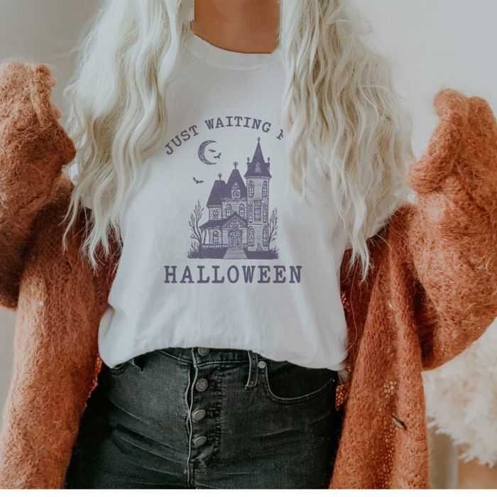 Just Waiting For Halloween Spooky Haunted House Mansion - T-Shirt (Crewneck)  100 Cotton Solid Colors Jersey Tee (Unisex)  Bella Canvas, T-Shirt (Crewneck) 