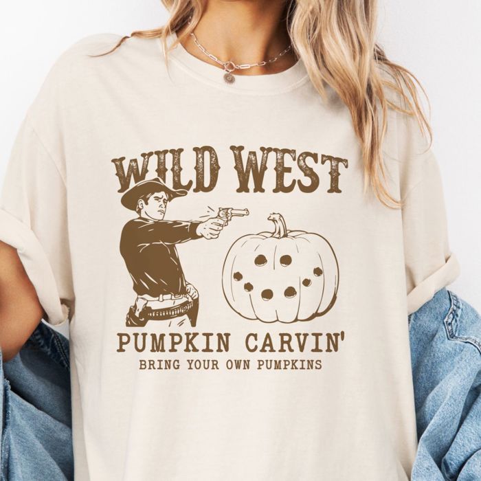 Wild West Pumpkin Carving Funny Western Halloween Fall - Soft and Comfy Cotton Heavyweight Tee (Unisex)  Comfort Colors