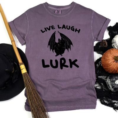 Live Laugh Lurk Halloween Hanging Bat - T-Shirt (Crewneck)  100 Cotton Heavyweight Tee (Unisex)  Comfort Colors