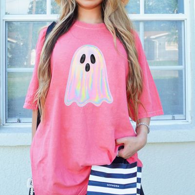 Faux Irredescent Spooky Cute Ghost Halloween Inspired - T-Shirt (Crewneck)  100 Cotton Heavyweight Tee (Unisex)  Comfort Colors