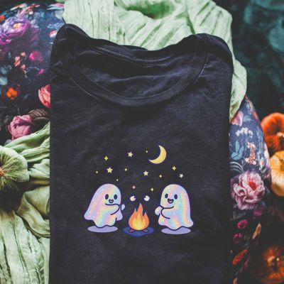Faux Irredescant Cute Spooky Halloween Ghosts Making Smores Around A Campfire - T-Shirt (Crewneck)  100 Cotton Heavyweight Tee (Unisex)  Comfort Colors