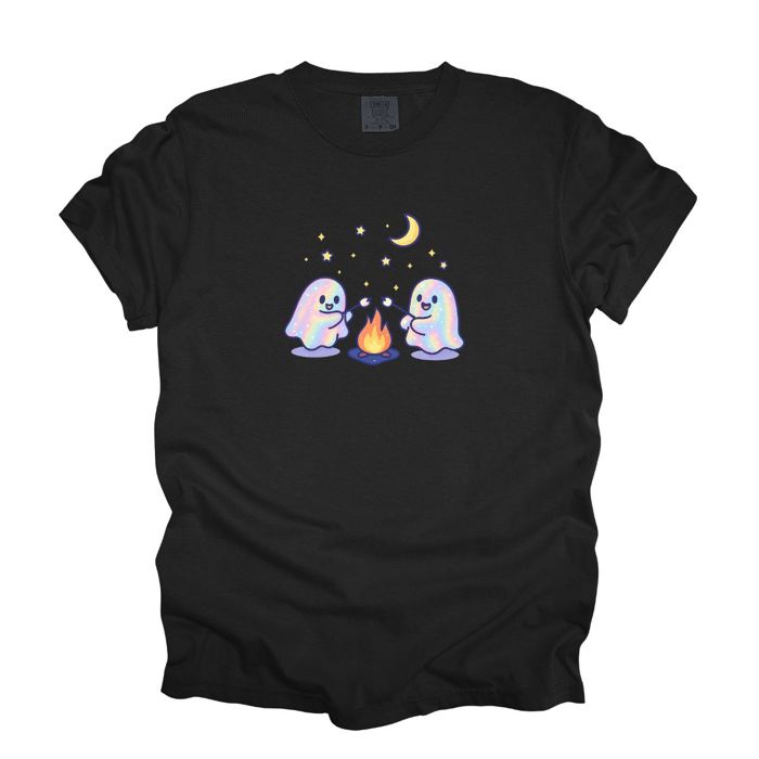 Faux Irredescant Cute Spooky Halloween Ghosts Making Smores Around A Campfire - T-Shirt (Crewneck)  100 Cotton Heavyweight Tee (Unisex)  Comfort Colors