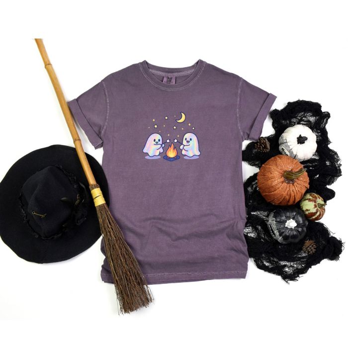 Faux Irredescant Cute Spooky Halloween Ghosts Making Smores Around A Campfire - T-Shirt (Crewneck)  100 Cotton Heavyweight Tee (Unisex)  Comfort Colors