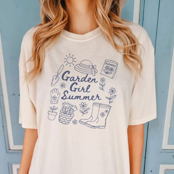 Garden Girl Summer Doodles - T-Shirt (Crewneck)  100 Cotton Heavyweight Tee (Unisex)  Comfort Colors