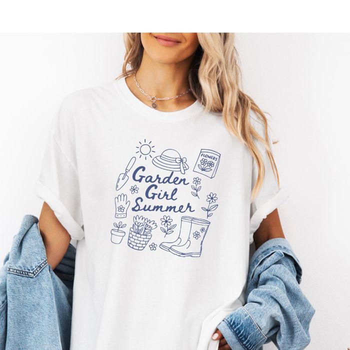 Garden Girl Summer Doodles - T-Shirt (Crewneck)  100 Cotton Heavyweight Tee (Unisex)  Comfort Colors