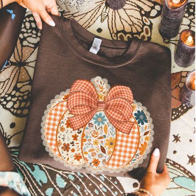 Floral Fall Patchwork Pumpkin Doily Folkart Style - Soft Drop Shoulder Sweatshirt (Crewneck)