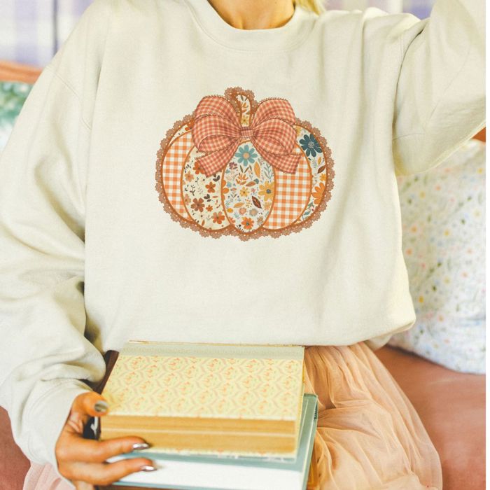Floral Fall Patchwork Pumpkin Doily Folkart Style - Soft Drop Shoulder Sweatshirt (Crewneck)